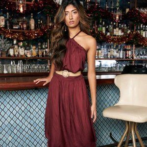 FABRIK GRETA SMOCK WAIST HALTER MIDI DRESS M